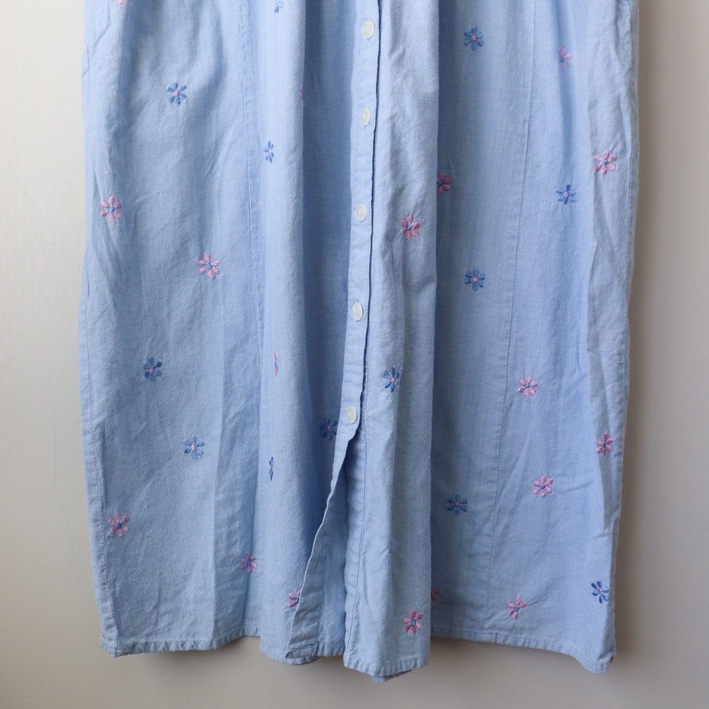 Vintage 90's Y2K Embroidered Cotton Chambray Denim Cottagecore Button Maxi Dress - Picture 5 of 9